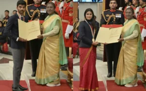 Manu Gukesh Harmanpreet Praveen Receive Khel Ratna As President Murmu Honours Sports Icons At Rashtrapati Bhawan